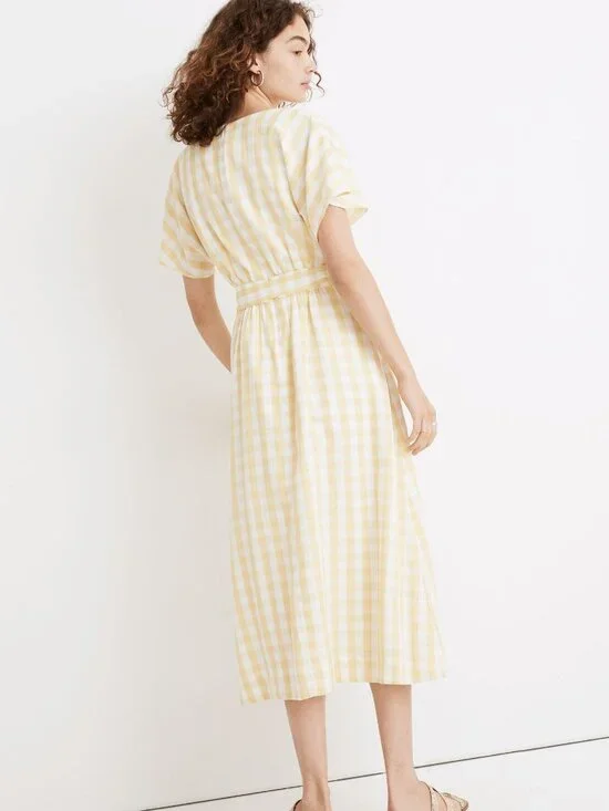 NWT Madewell Dolman-Sleeve Tie-Waist Midi in Pear Gingham Check Apron Dress 00 - Picture 3 of 9
